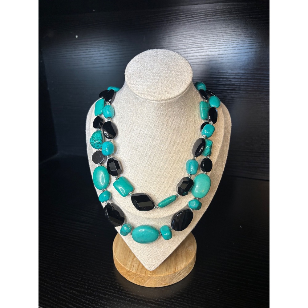 .925 Sterling Turquoise and Black Onyx Double‎ Strand Chunky Statement Necklace